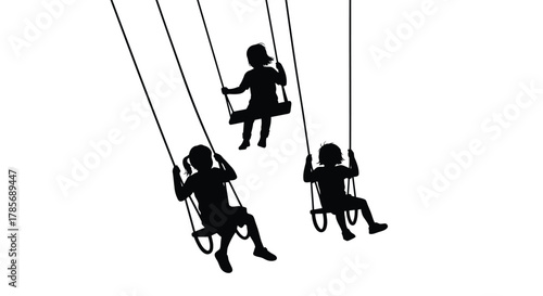 Silhouette of children playing on swings in a playground setting