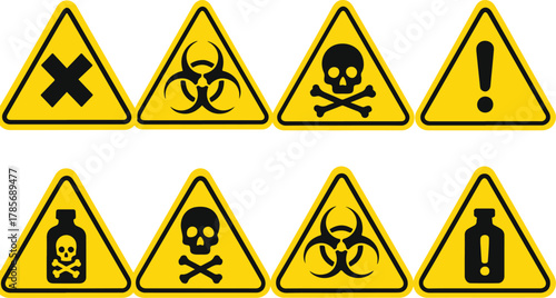 Danger and Warning Sign Icon Set – Toxic, Biohazard, Poison, and Chemical Hazard Yellow Triangle Symbols.