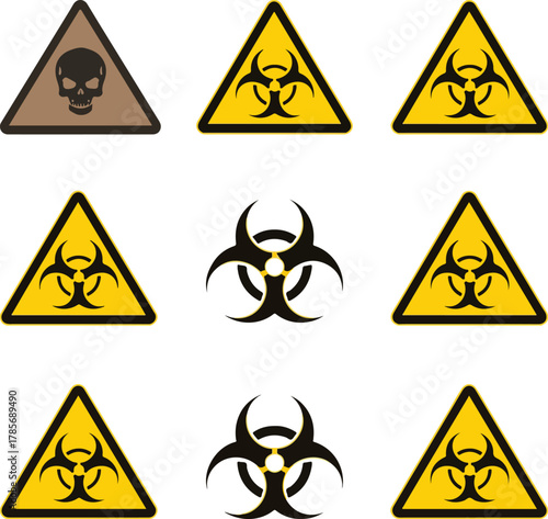 Danger and Warning Sign Icon Set – Toxic, Biohazard, Poison, and Chemical Hazard Yellow Triangle Symbols.