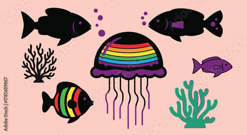 Colorful sea life illustration with fish jellyfish and coral art
