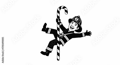 Playful firefighter sliding down candy cane pole with joy