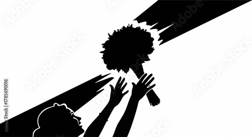 Hands reaching up to grasp a bouquet of flowers illuminated by bright spotlights.