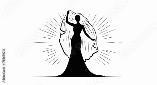 Elegant silhouette of a bride in a flowing gown with a radiant veil, symbolizing beauty and celebration.