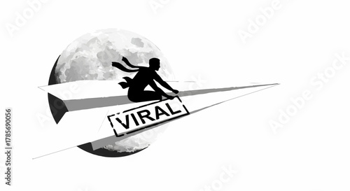 Silhouette of person riding a paper airplane toward the moon, with "VIRAL" stamp.