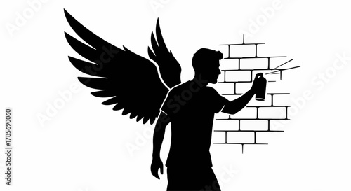 Mysterious winged figure creating art on a brick wall with spray paint