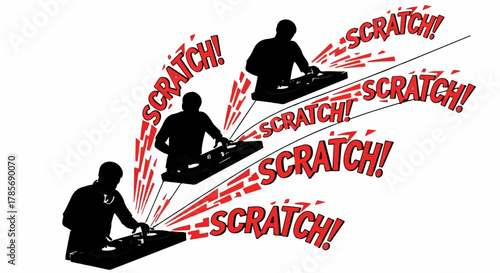 Silhouettes of DJs performing energetic scratching on turntables with sound effects