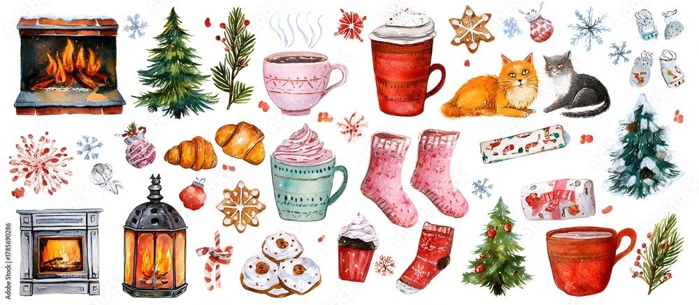 Obraz premium Merry Christmas watercolor set of traditional decor and elements. Elements of a Christmas mood on a white background