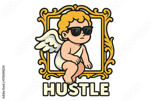Charming angel character in sunglasses promotes the hustle lifestyle with a colorful frame and playful design