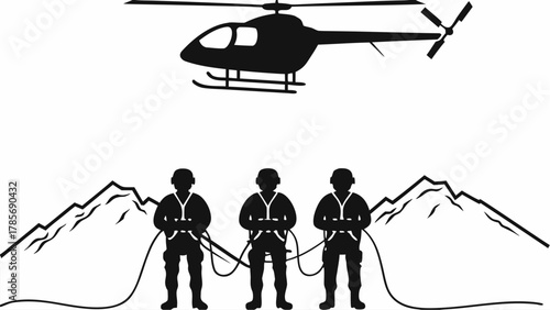 Dynamic helicopter rescue mission with skilled team in mountainous landscape for thrilling adventure themes