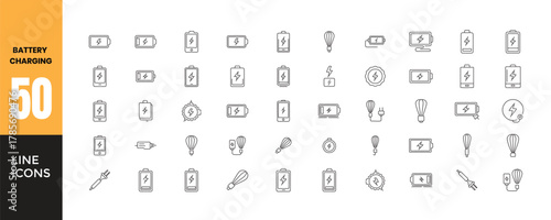 Set of 50 line icons related to energy, power, charging, gas, petrol, solar, battery, electricity, Editable stroke. Vector illustration, Vector Symbols