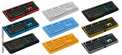 Collection of mechanical keyboards isolated on white background with clipping path