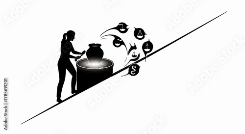 Silhouette of a woman pushing a pot uphill, with abstract symbols emerging.