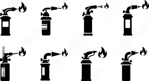 "Blowtorch Silhouette Icons – Active Flames and Varied Industrial Tool Designs in Vector Format"
