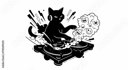 Cool black cat DJ spinning records with fun, smiling faces emerging from the music smoke.