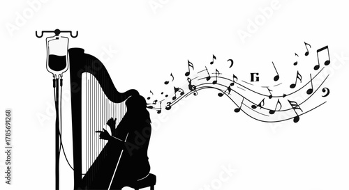 Melody of healing flows from a harpist connected to an IV drip.