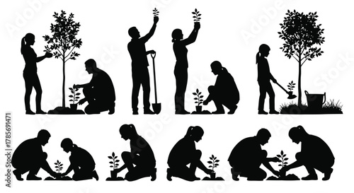 Planting trees silhouette people gardening nature conservation