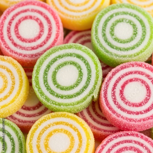 Colorful spiral-shaped candies are piled together in a close-up view.