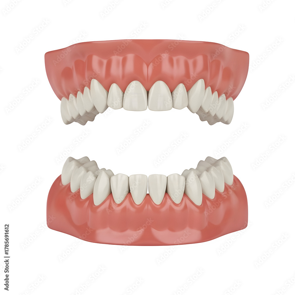 Obraz premium Detailed illustration of human adult teeth arrangement, showing dental anatomy, tooth types, and oral structure for medical and educational use.