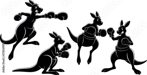 Boxing kangaroo silhouettes in action poses, playful animal illustration, energetic sports-themed vector for logo, decor, editorial, and tattoo design use