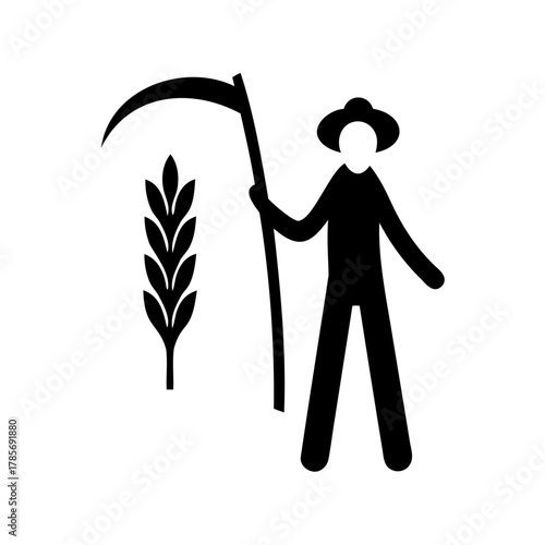 Farmer icon with scythe and wheat stalk, agricultural symbol Vector, illustration
