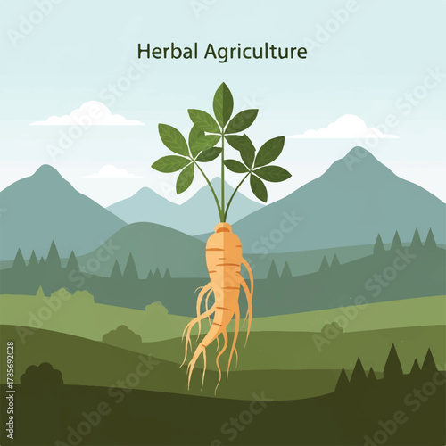 Ginseng root with leaves in a mountainous landscape