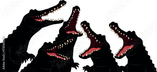 Cartoon crocodiles with open mouths and sharp teeth, stylized animal vector illustration for decor, logo, editorial, kids design, and expressive artwork