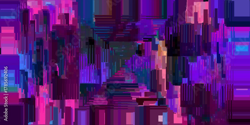 Seamless geometric pattern with flat pixelated layered multicolored random sized squares. Modern trendy technological rectangular pattern mosaic design for banner, poster, fabric print or textile