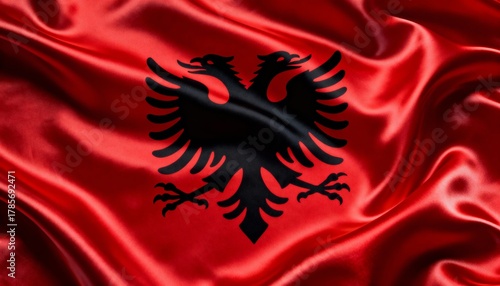 A vivid depiction of the albanian flag waving with a prominent black double headed eagle