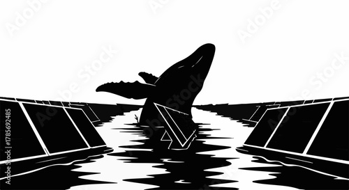 Majestic whale breaches from stylized, futuristic water channels under a bright sky.