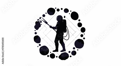 Astronaut collecting samples on an alien planet amidst cosmic dust and abstract shapes.