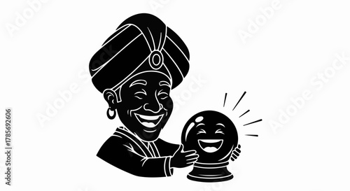 Joyful fortune teller with a crystal ball showing a happy emoji face