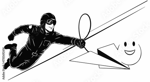 Adventurous person in flight with a playful paper airplane