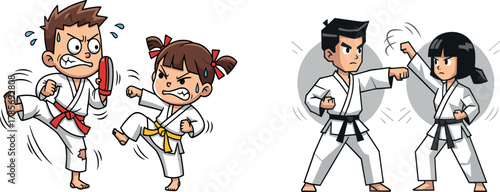 Cartoon kids and adults practicing karate, martial arts training illustration, white to black belt progression, sparring and kicking drill, vector sports concept