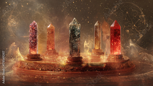 Five luminous gemstone crystals on an ornate, golden pedestal, surrounded by mystical energy, stars, and astrological symbols. A powerful, dark fantasy image of magic, healing, destiny, cosmic power.