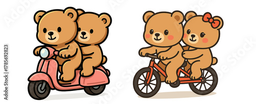 Cute bears riding together on a scooter and bicycle in a playful outdoor setting
