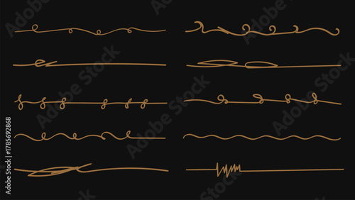 Marker gold divider scribble elements collection isolated on black background. Vector illustration