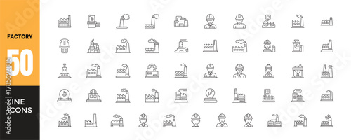 Factory Line Icon Set. 50 Minimal Industrial Outline Vector Icons for Manufacturing, Production Plants, Industry Workers, Machines, Factories & Engineering Designs.