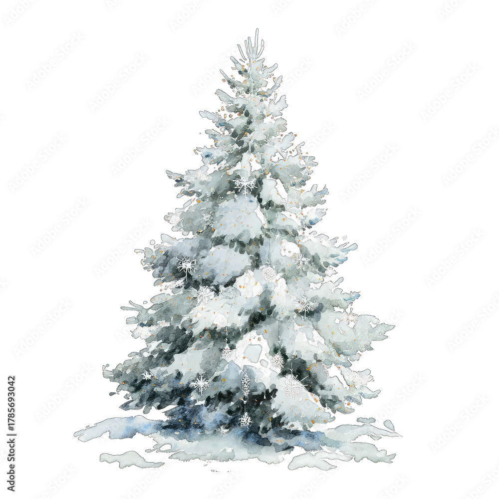 Fototapeta premium Watercolor illustration of a snowy fir tree with delicate white snowflake decorations.
