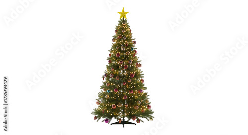 Tall decorated christmas tree with golden star on top isolated on transparent background