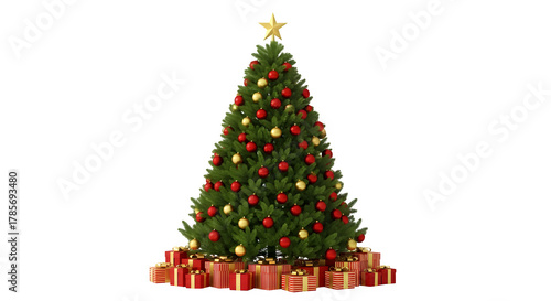 Beautifully decorated christmas tree with presents underneath isolated on transparent background