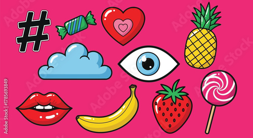 Pop art style graphic with candy and fruit on pink background