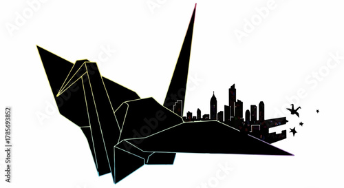 Origami crane carrying a cityscape, symbolizing dreams and aspirations taking flight.