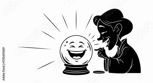Joyful fortune teller playfully points at a laughing crystal ball, radiating positive energy.