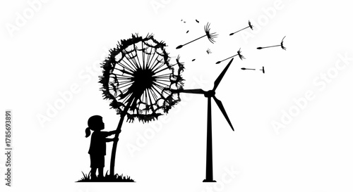 Child blowing dandelion seeds near a wind turbine, symbolizing hope and future energy.