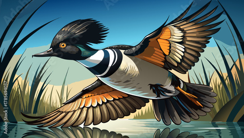 Very beautiful close-up of a male Hooded Merganser in flight in central Minnesota, USA, featuring detailed plumage, motion, and a realistic natural wildlife setting over a pond.