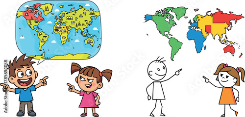 Cartoon kids exploring world maps, geography learning illustration, cultural landmarks and continents concept, educational interaction scene, vector global awareness design