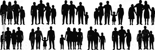 Family silhouette vector, inclusive group icon, parenting unity pose, cad drawing flat vector illustration, black bonding figure, relationship lifestyle design