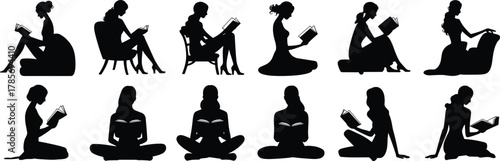 Reading silhouette vector, seated posture icon, book lover lifestyle, cad drawing flat vector illustration, black calm figure, introspective pose design