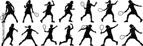 Tennis silhouette vector, dynamic racket pose, sports action icon, cad drawing flat vector illustration, black athlete movement, competitive figure design