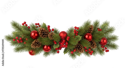 Festive christmas garland with pine cones red baubles and ribbons isolated on transparent background